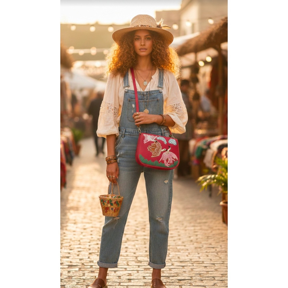 Raj LA Red Embroidered Bird Floral Leather Crossbody Boho Adjustable Strap